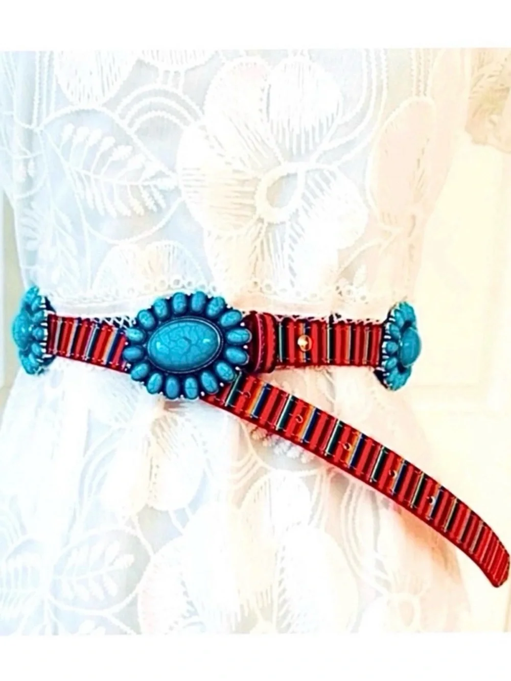 BELT ~ Women’s Bold Colorful Striped Faux Turquoise Leather Belt 42-inch